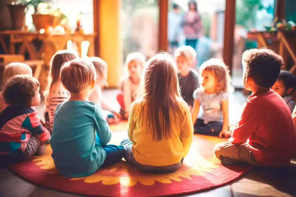 Kinder sitzen im Sitzkreis, lauschen einer Geschichte